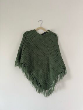 Boho Sage Green Fringe Knit Poncho Wrap Shawl OS